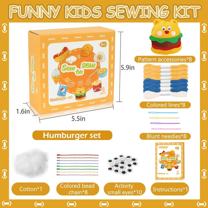 AzReference Felt Food Sewing Kits for Beginners, 8 Stuffed Ice Cream, Hamburger Making Easy Sewing Fun Craft Set, Educational Learn to Sew Gifts for Kids Age 5 6 7 8 9 10 11 12, Instruction & Felt Materials - Image 2